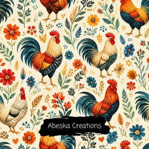 May include: A repeating pattern on a cream background featuring roosters with red, orange, and dark blue feathers, interspersed with red, orange, and blue flowers and green foliage. A black rectangular label displays the text Abeska Creations.