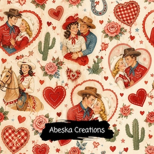 Retro Cowboy Hearts Western Valentine Seamless Pattern (Digital Download)