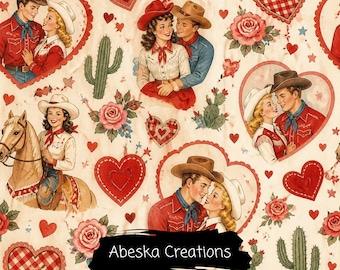 Retro Cowboy Hearts Western Valentine Seamless Pattern (Digital Download)