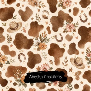 Brown Cow Print Seamless Pattern – Rustic Floral Western Fabric Design (Digital Download)