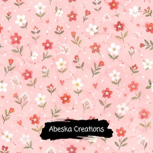 May include: A repeating pattern on a light pink background featuring small red and white flowers with green stems and leaves, interspersed with tiny red hearts and white dots. A black brushstroke graphic displays the text Abeska Creations.