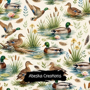 May include: A repeating pattern featuring watercolor mallard ducks in various poses, including swimming and flying, amidst cattails, yellow irises, and pink water lilies on a cream background. A black rectangular overlay displays the text Abeska Creations.