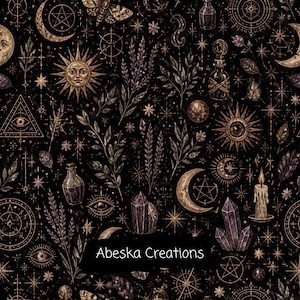 May include: A black fabric pattern featuring gold and purple celestial motifs including suns, moons, stars, crystals, glass bottles, candles, and leaves. The text Abeska Creations is printed in white in the lower center of the repeating design.