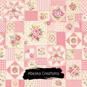 May include: A fabric pattern featuring a patchwork design of pink and cream squares with floral bouquets, stripes, polka dots, and gingham checks. A black brushstroke overlay in the lower center displays the white text Abeska Creations.