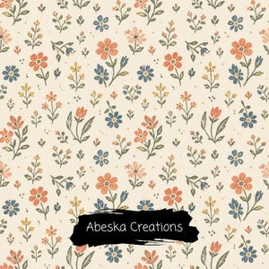 May include: A repeating pattern on a cream background featuring small orange, blue, and yellow flowers with green stems and leaves. A black brushstroke shape at the bottom centre contains the white text Abeska Creations in a simple font.