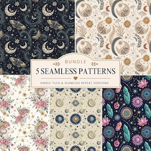 May include: A digital bundle of five seamless patterns featuring celestial, floral, and mystical motifs. The designs include moths, moons, suns, rams with flowers, planetary charts, and crystals on dark and light backgrounds with text BUNDLE 5 SEAMLESS PATTERNS.
