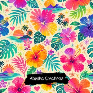 May include: A seamless pattern featuring vibrant hibiscus flowers in shades of pink, orange, and purple, interspersed with green tropical palm leaves, small hearts, and sunset island scenes. The text Abeska Creations is centred.