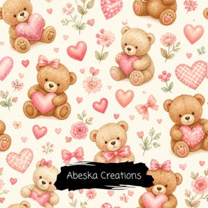 May include: A repeating pattern featuring brown teddy bears holding pink hearts, interspersed with pink bows, flowers, and various heart shapes on a cream background. A black rectangular overlay displays the text Abeska Creations.