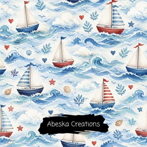 May include: A repeating pattern featuring watercolour sailboats on blue ocean waves with white clouds, red and blue hearts, seashells, starfish, and green sprigs. The text Abeska Creations is printed in white on a black brushstroke background.