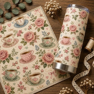 Puede incluir: Un mantel individual rectangular de tela y un vaso cilíndrico de metal, ambos con un patrón repetitivo de rosas rosas, tazas de té sobre platillos, corazones pequeños y lazos sobre un fondo crema. El vaso tiene una tapa transparente.