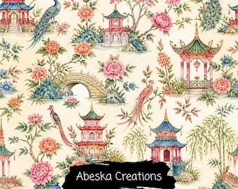 Chinoiserie Floral Seamless Pattern - Vintage Asian Garden with Exotic Birds & Pagoda Design (Digital Download)