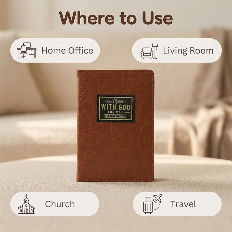 Puede incluir: Un libro devocional de textura de cuero marr&oacute;n con una etiqueta negra rectangular en la portada que presenta el texto One Minute WITH GOD FOR MEN 365 DAILY DEVOTIONS. El libro est&aacute; rodeado por cuatro iconos de Home Office, Living Room, Church y Travel.