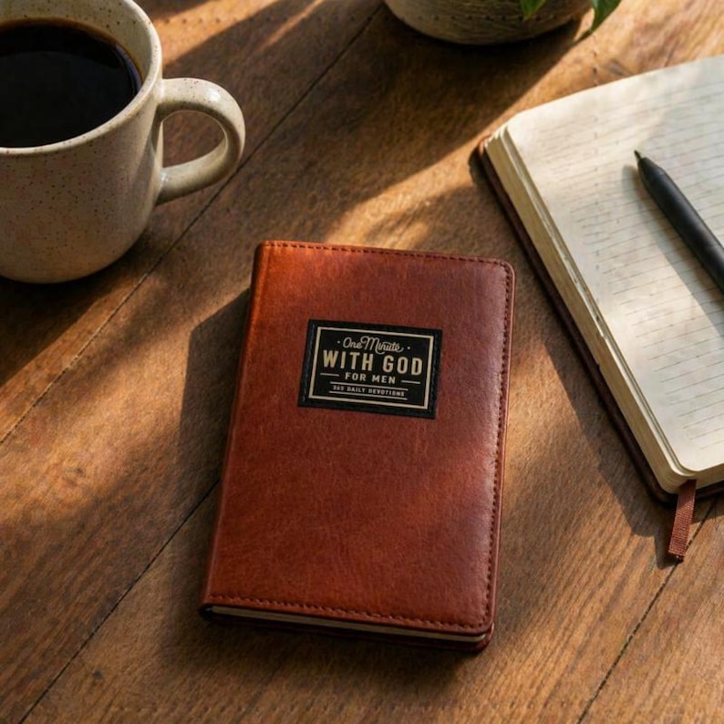 Puede incluir: Un diario encuadernado en cuero marr&oacute;n con una etiqueta negra rectangular en la portada que presenta el texto blanco One Minute WITH GOD FOR MEN. El diario est&aacute; colocado junto a un cuaderno abierto con un bol&iacute;grafo negro y una taza de cer&aacute;mica.