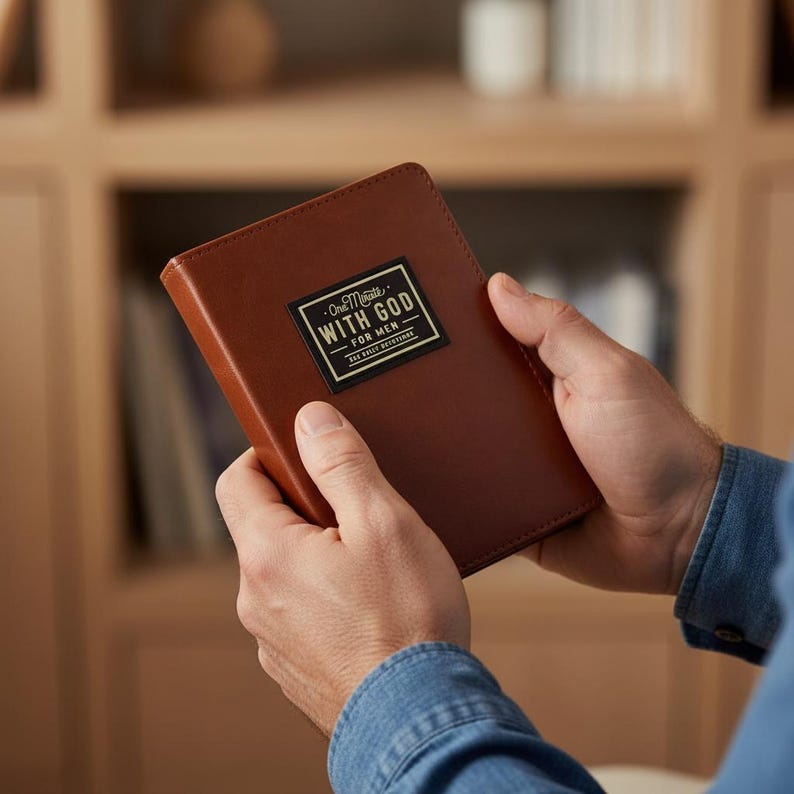Puede incluir: Un libro encuadernado en cuero marr&oacute;n con una etiqueta rectangular negra en la portada que contiene el texto One Minute WITH GOD FOR MEN. El libro tiene una cubierta lisa de color s&oacute;lido y se sostiene en posici&oacute;n vertical con un dise&ntilde;o sencillo.