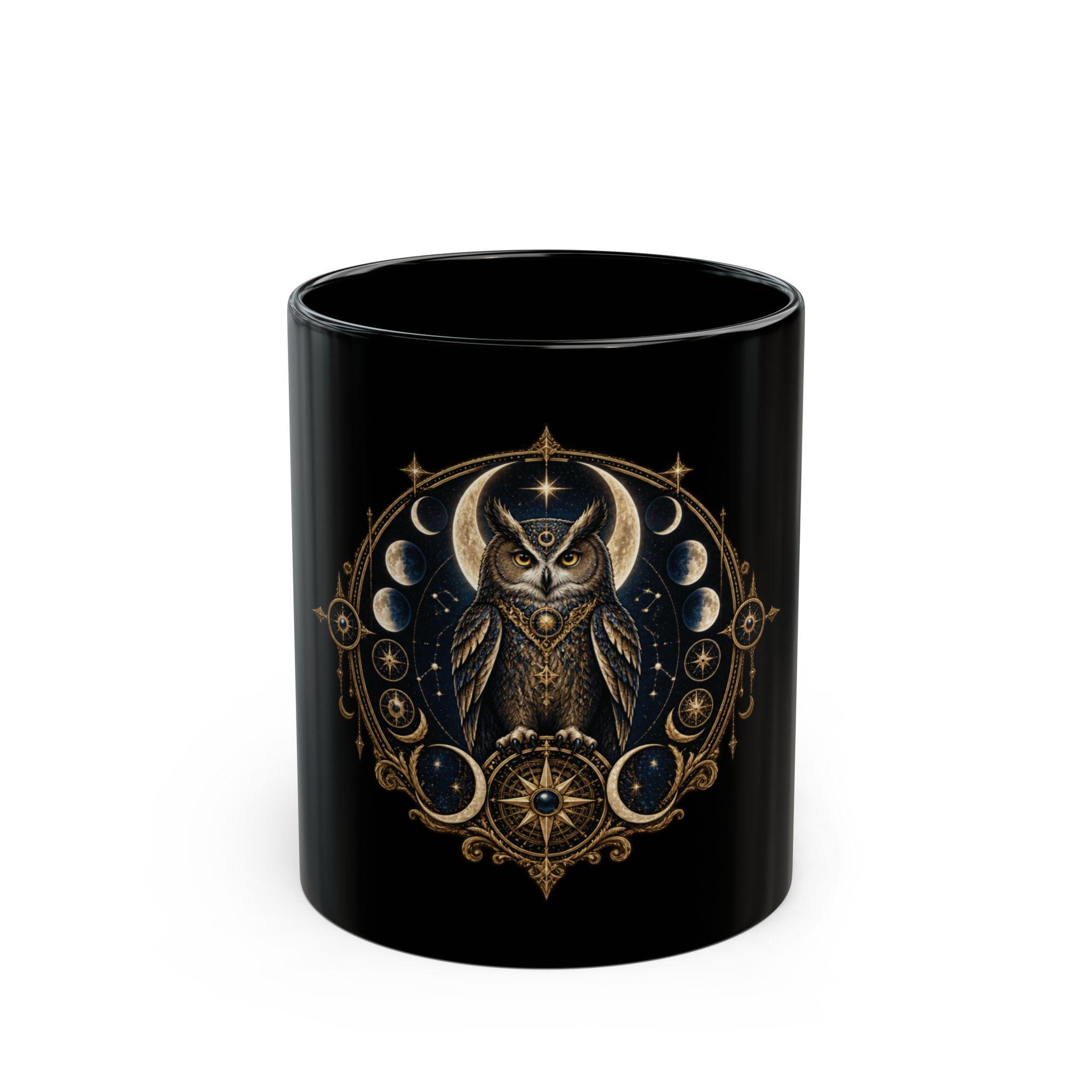 Celestial Owl Mug | Black Ceramic Coffee Cup | Moon Phase Owl Mug | Gothic Witchy Gift | Astrology O