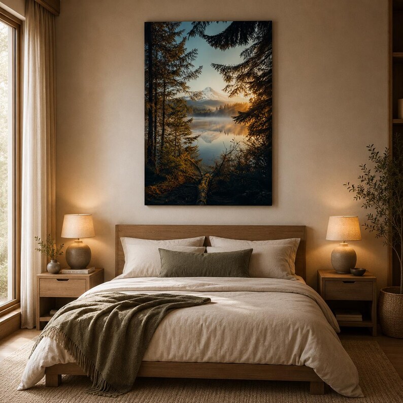 May include: A rectangular wall art print featuring a landscape of a calm lake surrounded by dark pine trees and a snow-capped mountain peak in the distance during sunset, displayed above a bed with beige bedding and a green throw blanket.