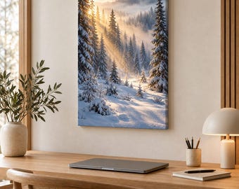 May include: A vertical rectangular canvas print depicting a snow-covered forest landscape at sunrise. Tall evergreen trees are blanketed in white snow, with golden sunlight filtering through the mist and casting long shadows across the terrain.
