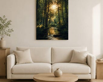 May include: A rectangular wall art print featuring a forest landscape with a narrow stream flowing through dark trees. The sun shines through the canopy, creating a bright golden glow on the water and the surrounding green foliage and shadows.