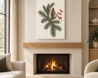 May include: A rectangular wall art print featuring a botanical illustration of a green pine branch with two brown pinecones and a cluster of bright red berries, set against a textured off-white background, displayed above a fireplace.