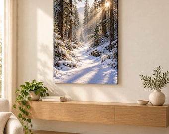 May include: A rectangular wall art print featuring a snowy forest path during winter. Tall pine trees covered in snow line the trail, with bright sunlight filtering through the branches, creating long shadows on the white, snow-covered ground.