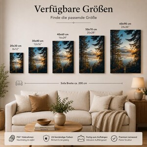 May include: Five rectangular wall art prints featuring a landscape of a lake, forest, and mountain at sunrise, displayed in sizes 8x12, 12x16, 16x24, 20x28, and 24x36 inches. The text reads Verfugbare Grossen, Finde die passende Grose, and Sofa Breite ca. 200 cm.