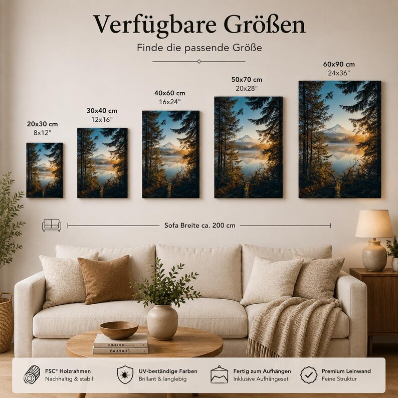 May include: Five rectangular wall art prints featuring a landscape of a lake, forest, and mountain at sunrise, displayed in sizes 8x12, 12x16, 16x24, 20x28, and 24x36 inches. The text reads Verfugbare Grossen, Finde die passende Grose, and Sofa Breite ca. 200 cm.