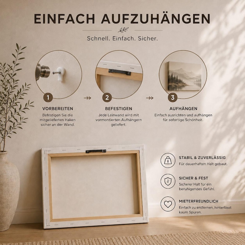 May include: An instructional graphic titled EINFACH AUFZUH&Auml;NGEN showing three steps for wall mounting a canvas. It features a rectangular canvas frame with a pre-installed black metal hanger on the back and icons for stability, security, and renter-friendly use.