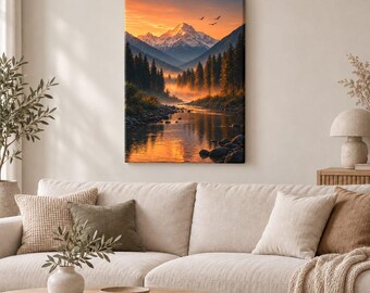 May include: A rectangular wall art print featuring a landscape scene of a snow-capped mountain peak at sunset. The composition includes a calm river reflecting the orange and yellow sky, surrounded by a dense forest of dark pine trees and rocks.