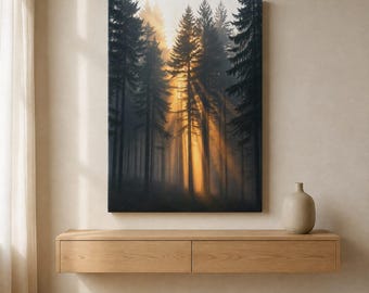 May include: A rectangular wall art print depicting a dense forest of tall pine trees with golden sunlight streaming through the dark, misty canopy, creating vertical light rays that illuminate the centre of the woodland scene.