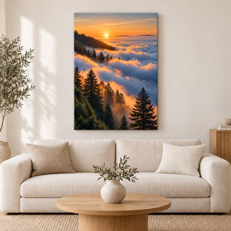 May include: A vertical wall art print depicting a mountain landscape at sunset. The scene features dark green pine trees silhouetted against a bright orange sky, with a thick layer of clouds filling the valley below the sunlit mountain peaks.
