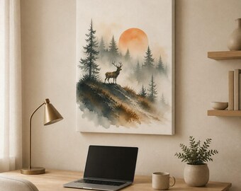 May include: A rectangular wall art print featuring a watercolour illustration of a deer standing on a hillside. The scene depicts a forest of pine trees under a large, soft orange sun. The colour palette includes muted earth tones, browns, and greens.