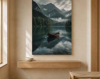 May include: A vertical wall art print featuring a serene lake scene with a small wooden rowboat floating in the centre. The background displays dark green pine forests and towering, misty mountains under a cloudy, overcast sky at twilight.
