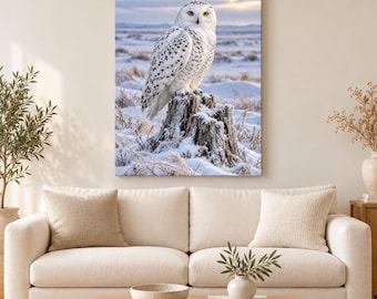 May include: A rectangular wall art print featuring a snowy owl with white and black speckled feathers perched on a frost-covered tree stump. The background shows a vast, snow-covered landscape under a soft, pale sky during the daytime.