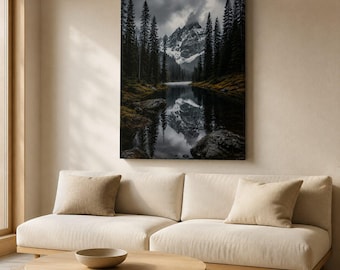 May include: A rectangular wall art print featuring a dark, moody landscape of a snow-capped mountain reflected in a calm lake, surrounded by a dense forest of tall pine trees under a cloudy, overcast sky with deep green and grey tones.