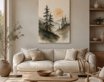 May include: A vertical rectangular wall art print featuring a watercolour landscape of a misty forest with tall pine trees and a large, pale orange sun in the background. The scene depicts a serene mountain valley with soft, muted earth tones.