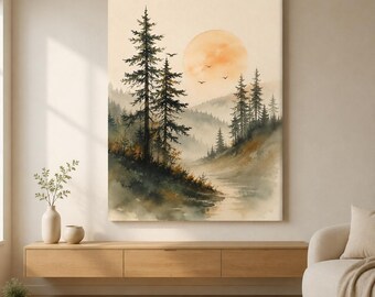 May include: A vertical wall art print featuring a watercolour landscape of a misty forest with tall pine trees, a winding river, and a large, pale orange sun in the sky. Several small birds are depicted flying in the distance above the trees.