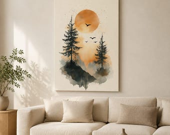 May include: A vertical wall art print featuring a watercolour landscape with two dark pine trees on a hill, a large orange sun, and several black birds flying in the sky against a cream-coloured background, presented in a rectangular frame.