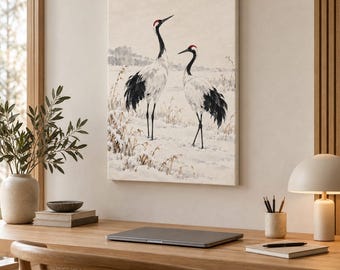 May include: A rectangular wall art canvas featuring two red-crowned cranes standing in a snowy landscape. The birds have white bodies, black wing feathers, and distinct red patches on their heads. The background depicts a winter field.