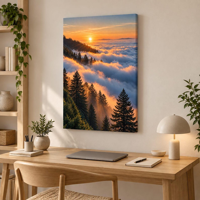 May include: A rectangular canvas wall art print featuring a landscape of evergreen trees on a mountainside overlooking a sea of clouds at sunset. The sky is filled with warm orange and yellow light, casting a golden glow over the dense forest.