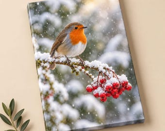 May include: A rectangular canvas print featuring a European robin with a bright orange breast perched on a snow-covered branch. The branch is laden with clusters of vibrant red berries, also dusted with white snow, set against a soft, blurred winter background.