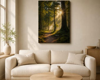 May include: A rectangular wall art print depicting a forest scene with a dirt path winding through tall trees. Sunlight filters through the canopy, creating bright rays and shadows on the mossy ground. The artwork is displayed on a beige wall.