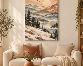 May include: A vertical wall art print depicting a winter mountain landscape with snow-covered slopes, evergreen trees, a calm lake, and a large sun in a soft peach-toned sky. Several birds are flying in the distance above the peaks.