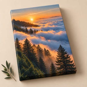 May include: A rectangular canvas print featuring a landscape of dark green pine trees on a mountainside overlooking a thick layer of clouds at sunset. The sun glows orange and yellow above the horizon, casting light across the misty sky.