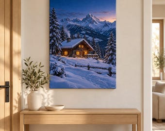 May include: A rectangular canvas wall art print depicting a snow-covered wooden cabin at twilight. The scene features a glowing cabin, snow-laden pine trees, and jagged mountain peaks under a deep blue sky with a soft orange horizon.
