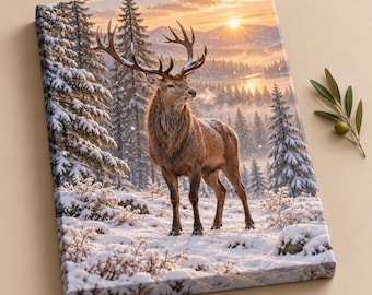 May include: A rectangular canvas print featuring a majestic stag with large antlers standing in a snowy forest landscape. The scene depicts a sunrise over distant mountains and a lake, with snow-covered pine trees and a light dusting of snow.