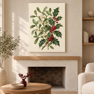 May include: A rectangular wall art print featuring a botanical illustration of green holly leaves with clusters of bright red berries intertwined with white mistletoe berries against a cream-colored background.