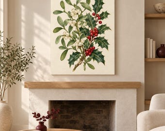 May include: A rectangular wall art print featuring a botanical illustration of green holly leaves with clusters of bright red berries intertwined with white mistletoe berries against a cream-colored background.