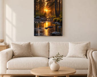 May include: A rectangular wall art canvas featuring a vertical landscape scene of a forest stream at sunset. The image displays tall pine trees, scattered rocks along the water's edge, and a bright golden sun glowing through the dense woodland.