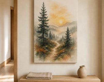 May include: A vertical rectangular canvas print featuring a watercolour landscape of a winding dirt path leading through a forest of pine trees towards distant mountains under a soft golden sunset sky with warm orange and yellow light hues.