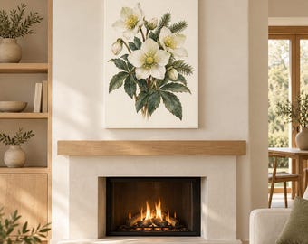May include: A rectangular wall art print featuring a botanical illustration of white hellebore flowers with yellow centres and dark green serrated leaves, set against a cream-coloured background, displayed above a fireplace.